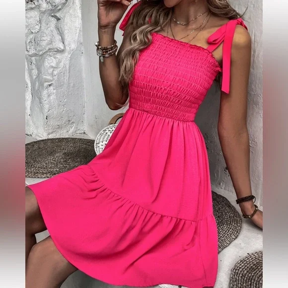 Elegant Smocked Waist Tie Shoulder Ruffle Cami Dress - Picture 3 of 6